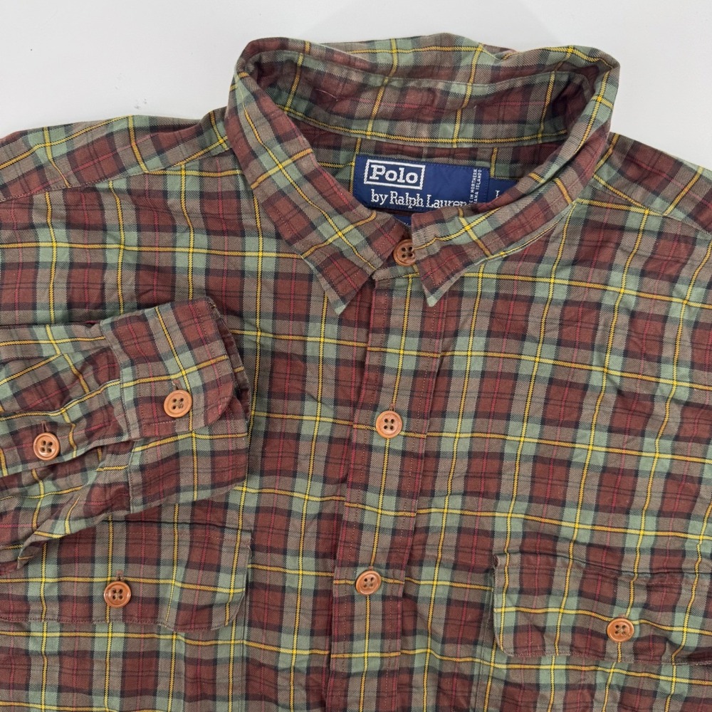 Polo Ralph Lauren Shirt Mens Large Burgundy Green Plaid Long Sleeve Button Down